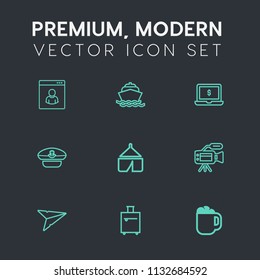 Modern, simple vector icon set on dark grey background with message, boat, luggage, tent, drink, cup, lens, cafe, navy, hat, tripod, email, people, camera, bag, microphone, ocean, social, laptop icons