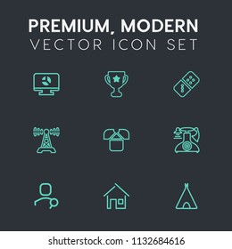 Modern, simple vector icon set on dark grey background with place, tshirt, winner, architecture, chart, building, row, technology, win, music, domino, station, vintage, white, achievement, web icons
