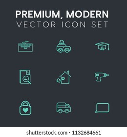 Modern, simple vector icon set on dark grey background with leather, internet, computer, talk, digital, luggage, transportation, drill, property, work, key, speech, direction, business, laptop icons