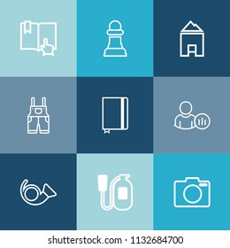 Modern, simple vector icon set on colorful blue backgrounds with trumpet, wear, technology, game, library, strategy, work, equipment, emergency, chessboard, home, uniform, real, piece, lens icons