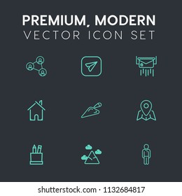 Modern, simple vector icon set on dark grey background with correspondence, estate, location, building, stationery, paper, envelope, message, pencil, architecture, travel, nature, boy, sky, map icons