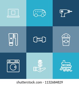 Modern, simple vector icon set on colorful blue backgrounds with arrow, fitness, hand, nature, care, washer, machine, car, ship, hygiene, user, laundry, vessel, drill, web, boat, ocean, bus, gym icons