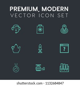 Modern, simple vector icon set on dark grey background with kettle, office, computer, transport, buy, business, research, page, customer, support, bag, service, analysis, cycle, headset, medical icons