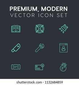 Modern, simple vector icon set on dark grey background with equipment, object, paper, food, management, marketing, education, movie, customer, book, temperature, cut, group, spanner, target, bag icons