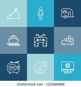 Modern, simple vector icon set on colorful blue backgrounds with atv, nature, vehicle, male, financial, landscape, dirt, tv, van, television, technology, traffic, boat, transportation, casual icons