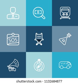Modern, simple vector icon set on colorful blue backgrounds with work, armchair, left, gramophone, employee, find, job, instrument, move, people, compass, string, seat, music, furniture, bus icons