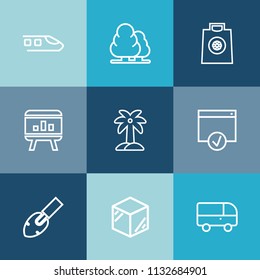 Modern, simple vector icon set on colorful blue backgrounds with transport, green, railway, nature, train, equipment, business, travel, box, sale, shovel, plant, rail, gift, trunk, pine, track icons