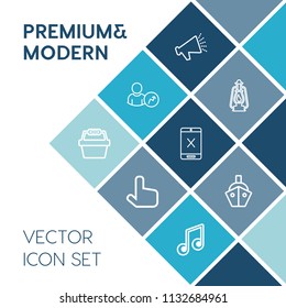 Modern, simple vector icon set on blue colorful background with voice, business, volume, audio, loud, transport, connection, speaker, account, report, music, sound, web, lantern, click, pointer icons