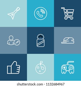 Modern, simple vector icon set on colorful blue backgrounds with cap, ring, account, guitar, trolley, store, phone, search, salt, market, ingredient, report, web, fashion, circle, internet, food icons