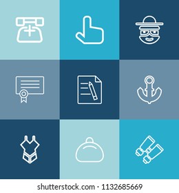 Modern, simple vector icon set on colorful blue backgrounds with communication, anchor, head, pointer, happy, boat, phone, leather, watch, success, contact, sign, sea, call, certificate, diploma icons