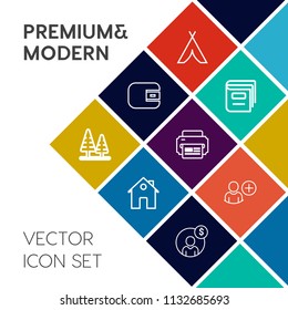 Modern, simple vector icon set on colorful flat background with finance, textbook, hiking, pay, outdoor, building, adventure, landscape, library, wallet, cash, travel, forest, estate, property icons