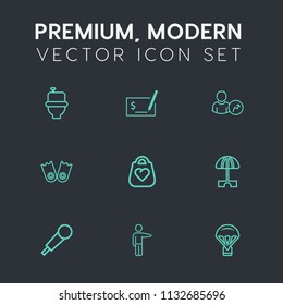 Modern, simple vector icon set on dark grey background with restroom, underwater, people, public, parasol, wc, sun, flipper, bathroom, audio, washroom, sign, parachuting, business, style, sport icons
