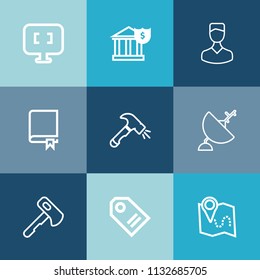 Modern, simple vector icon set on colorful blue backgrounds with book, investment, education, tool, dish, construction, finance, pc, study, business, avatar, money, human, satellite, profile icons
