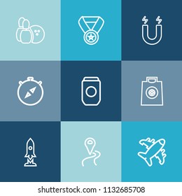 Modern, simple vector icon set on colorful blue backgrounds with metal, win, navigation, magnetic, aluminum, bowling, north, ball, space, gift, map, prize, can, science, field, airplane, compass icons