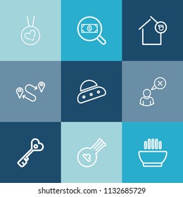 Modern, simple vector icon set on colorful blue backgrounds with home, landlord, internet, space, spaceship, online, fashion, ship, dish, food, ufo, owner, necklace, search, point, security, map icons