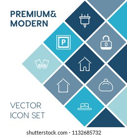 Modern, simple vector icon set on blue colorful background with cable, lock, object, fashion, leather, technology, hat, cord, head, transport, sea, vehicle, cap, car, home, safe, building, bag icons