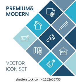 Modern, simple vector icon set on blue colorful background with house, telephone, construction, estate, building, pencil, smartphone, pin, frame, travel, cash, achievement, hand, technology, axe icons