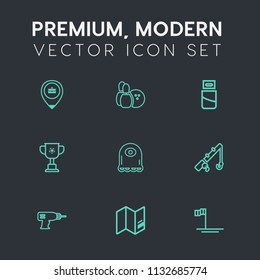 Modern, simple vector icon set on dark grey background with device, pin, travel, strike, reel, technology, monster, winner, beach, fish, job, blue, usb, equipment, connector icons