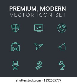 Modern, simple vector icon set on dark grey background with audio, interior, safety, sound, protection, box, email, rent, shield, music, furniture, estate, send, message, circle, secure, test icons