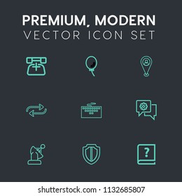 Modern, simple vector icon set on dark grey background with telephone, communication, chat, celebration, shield, work, book, substitute, web, pen, computer, support, receiver, space, location icons