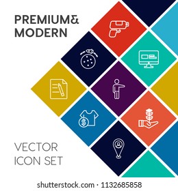 Modern, simple vector icon set on colorful flat background with t-shirt, showing, science, store, people, game, white, paper, seedling, cost, nature, clothes, pin, gun, business, growth, element icons