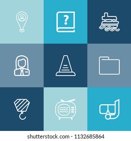 Modern, simple vector icon set on colorful blue backgrounds with job, business, snorkel, construction, sign, location, blank, building, unknown, ocean, old, vintage, up, tv, travel, author, ship icons