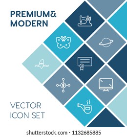 Modern, simple vector icon set on blue colorful background with fly, machine, sew, vintage, fashion, business, tobacco, astronomy, digital, tailor, finance, tropical, ocean, butterfly, pipe icons