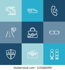 Modern, simple vector icon set on colorful blue backgrounds with sun, home, glasses, sign, technology, road, keyboard, transport, mobile, travel, sunglasses, shield, railroad, helicopter, happy icons