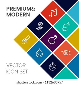 Modern, simple vector icon set on colorful flat background with abstract, music, education, college, packaging, school, sign, care, package, liquid, melody, equipment, technology, nature, box icons
