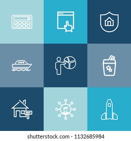 Modern, simple vector icon set on colorful blue backgrounds with accounting, internet, protection, screen, home, calculator, arrow, button, website, summer, businessman, estate, technology, sign icons