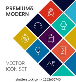 Modern, simple vector icon set on colorful flat background with environment, business, device, wood, landscape, female, luggage, healthcare, tree, celebration, medical, doctor, north, pine, trip icons
