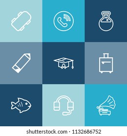 Modern, simple vector icon set on colorful blue backgrounds with skate, ring, white, microphone, circle, fish, university, street, gramophone, graduation, education, tool, sea, seafood, support icons