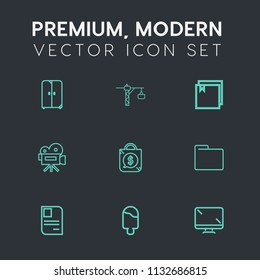 Modern, simple vector icon set on dark grey background with hammer, cream, monitor, furniture, technology, display, movie, office, bag, drill, id, personal, business, web, cabinet, sweet, saw icons