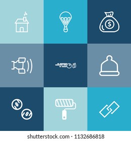 Modern, simple vector icon set on colorful blue backgrounds with modern, tool, air, banking, roller, parachute, house, telephone, cash, web, strike, head, hat, roll, building, money, new, cell icons