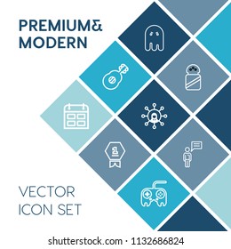 Modern, simple vector icon set on blue colorful background with night, timetable, screen, web, arrow, button, win, evil, technology, food, time, halloween, achievement, victory, spooky, ghost icons