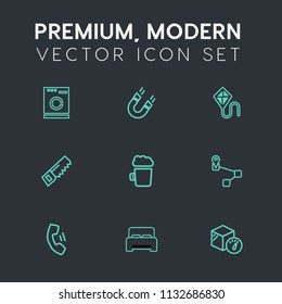 Modern, simple vector icon set on dark grey background with clothes, household, box, drink, pole, joy, home, point, magnetic, telephone, machine, housework, kite, furniture, saw, magnet, field icons