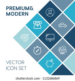 Modern, simple vector icon set on blue colorful background with south, finance, video, communication, support, west, phone, instrument, movie, folk, direction, social, person, compass, contact icons
