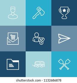 Modern, simple vector icon set on colorful blue backgrounds with oar, hammer, blank, tool, first, achievement, retail, construction, saw, boat, paper, transport, internet, supermarket, office icons