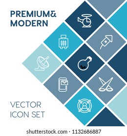 Modern, simple vector icon set on blue colorful background with holiday, concept, light, celebration, email, target, aircraft, technology, mail, business, equipment, transport, helicopter, air icons