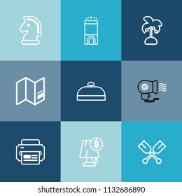 Modern, simple vector icon set on colorful blue backgrounds with palm, game, tropical, business, printer, bed, bag, competition, success, luxury, challenge, fan, boat, leaf, water, electricity icons