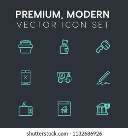 Modern, simple vector icon set on dark grey background with cord, purse, money, tipper, television, house, tool, pen, store, education, wallet, property, basket, screwdriver, hand, truck, white icons