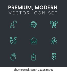 Modern, simple vector icon set on dark grey background with spring, scale, temperature, drink, landscape, time, technology, television, support, thermometer, estate, juice, white, service, work icons