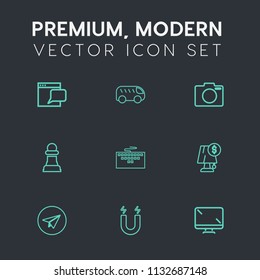 Modern, simple vector icon set on dark grey background with technology, digital, equipment, electricity, photo, magnetic, display, monitor, pole, internet, field, light, game, work, science, car icons