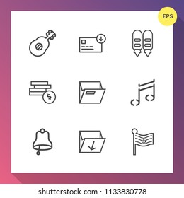 Modern, simple vector icon set on gradient background with nation, sack, paper, trash, open, musical, office, hand, bell, money, banking, blank, ring, business, america, currency, rock, concept icons