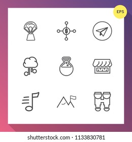 Modern, simple vector icon set on gradient background with laboratory, cloud, income, communication, tool, element, equipment, money, dollar, curtain, music, balloon, sky, travel, investment icons
