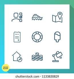 Modern, simple vector icon set on gradient background with boat, bill, cream, water, plan, inflatable, storage, sweet, financial, map, business, cargo, paper, finance, property, ocean, money icons