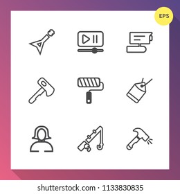 Modern, simple vector icon set on gradient background with woman, record, roll, tag, button, camera, media, concert, guitar, volume, play, paper, white, safe, tv, shovel, lady, musical, view icons