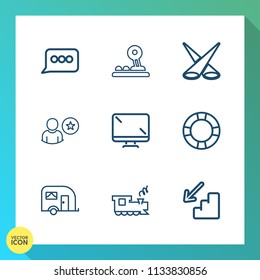 Modern, simple vector icon set on gradient background with chat, computer, water, scene, button, up, bright, van, digital, train, background, monitor, vehicle, railway, ring, speech, transport icons