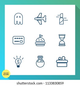 Modern, simple vector icon set on gradient background with hour, plane, food, presentation, halloween, ghost, hourglass, sand, beauty, idea, equipment, conference, balance, card, sandwich, dark icons