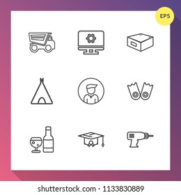 Modern, simple vector icon set on gradient background with technology, boy, glass, machine, alcohol, sea, travel, vehicle, truck, dump, cabinet, underwater, red, adventure, university, college icons